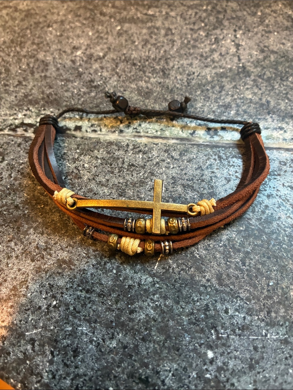 Adjustable Brown Leather Multi-Strand Bracelet with Brass Cross